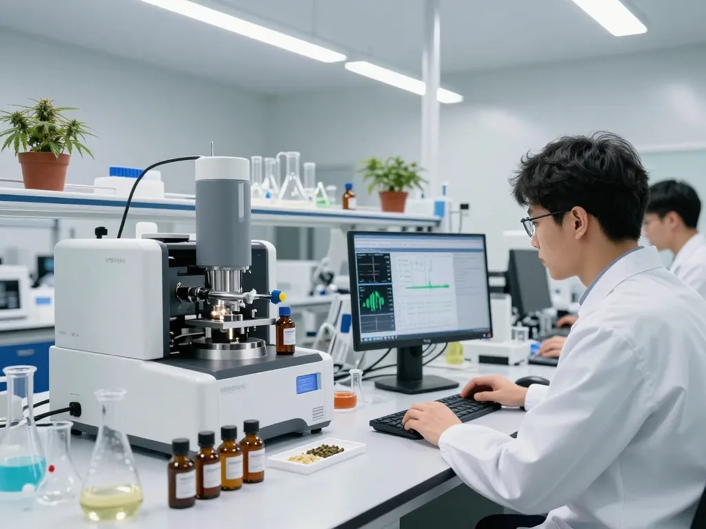 Cannabinoid manufacturer Europe in modern lab showcasing scientists extracting high-quality distillates and conducting advanced research in a sterile environment.