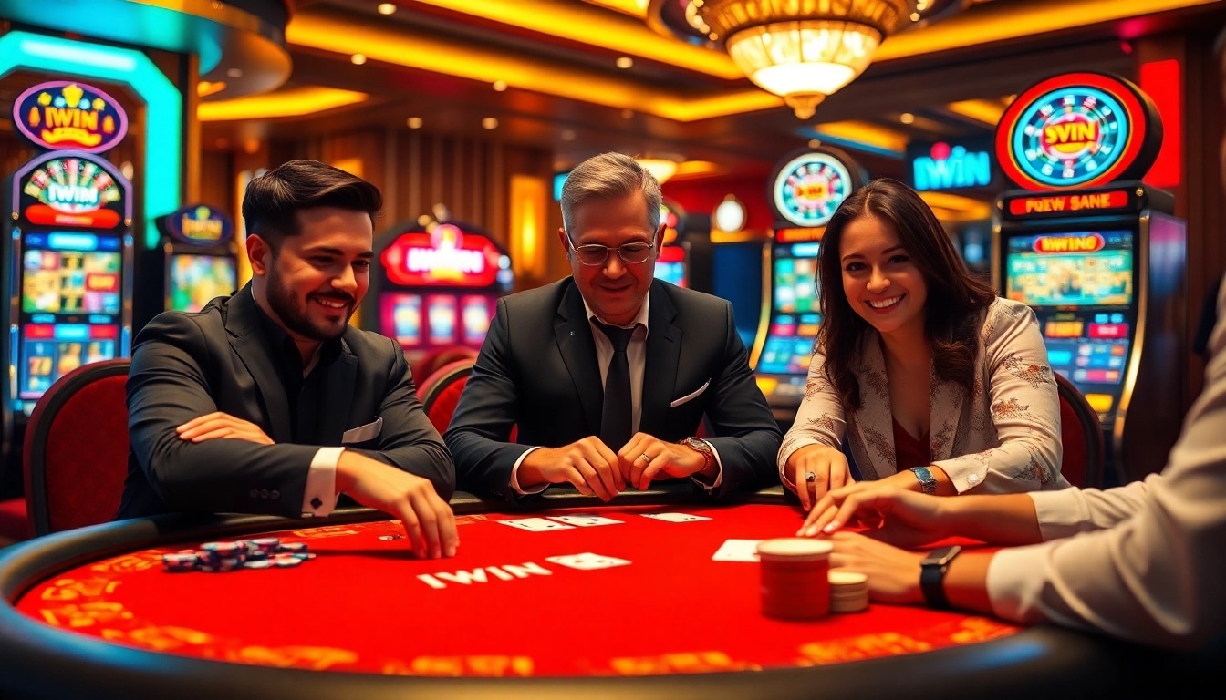 IWIN casino players engaged in an exciting poker game at a luxurious casino table.