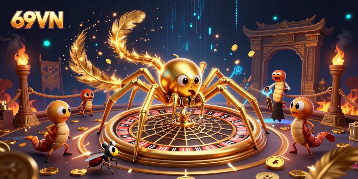 Bet on the lively roulette web at 69VN, where a golden spider and centipede croupier create a thrilling gaming atmosphere.