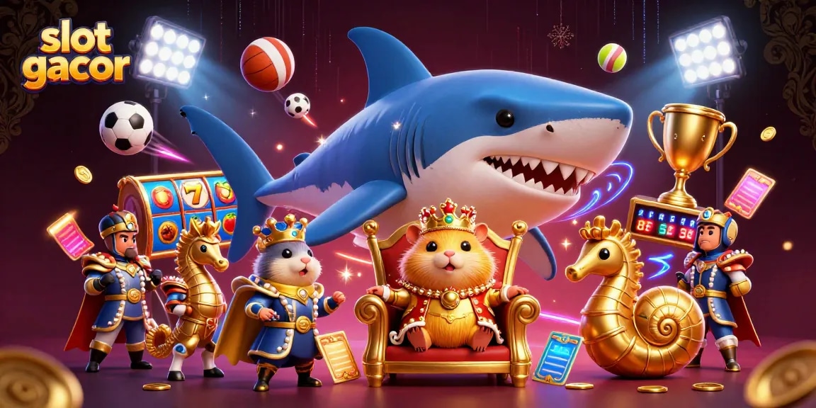 Slot gacor menarik perhatian dengan raja hamster emas di singgasana gigi megalodon, dikelilingi elemen kasino.