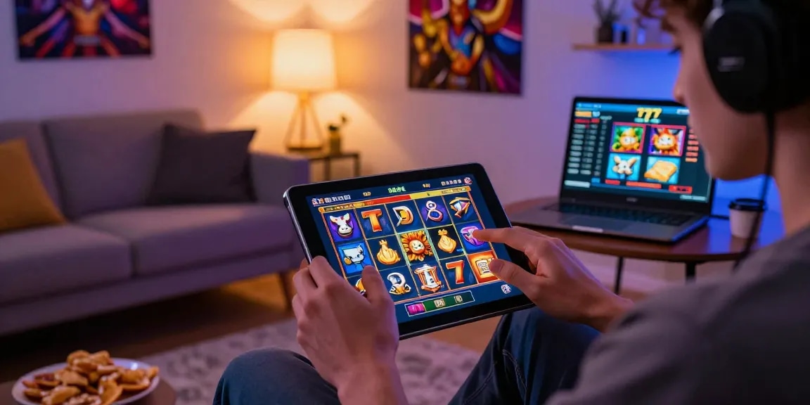 Player enjoying engaging slot77 game on a tablet in a cozy living room