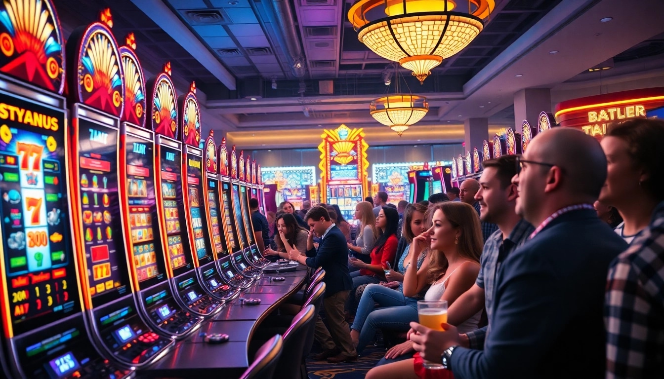 Watch excited players engage with the as38 server gacor slot machines in a vibrant casino atmosphere.