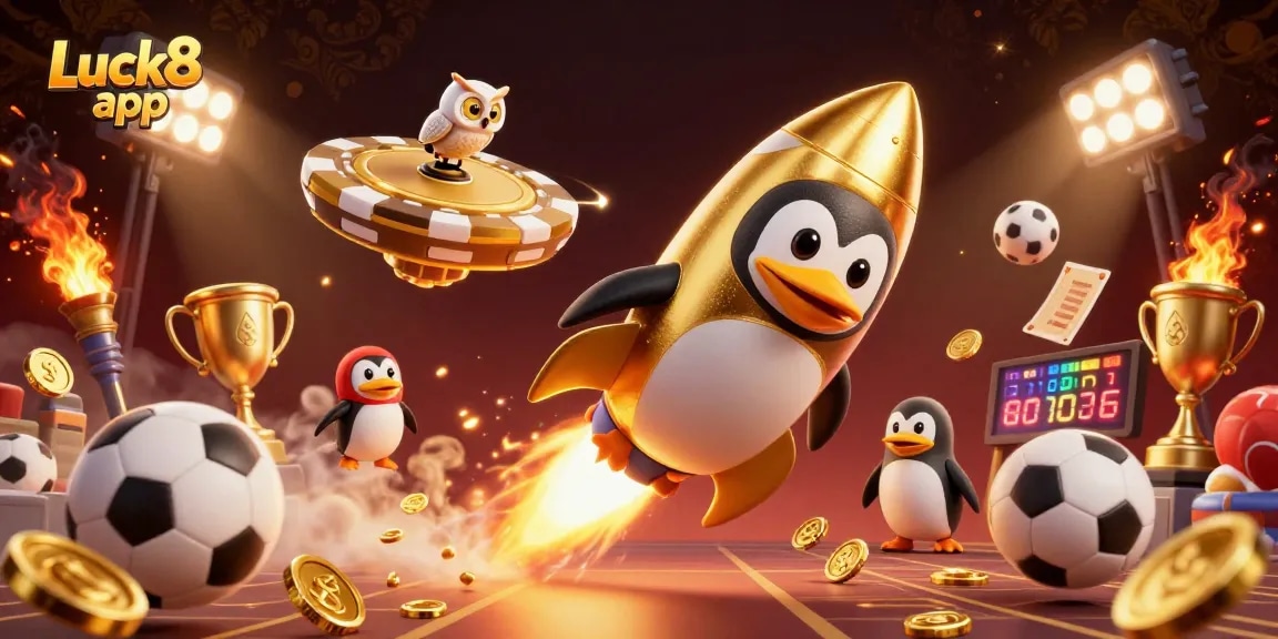 Engage with the excitement of the Luck8 app as a golden penguin rockets to a casino space station.