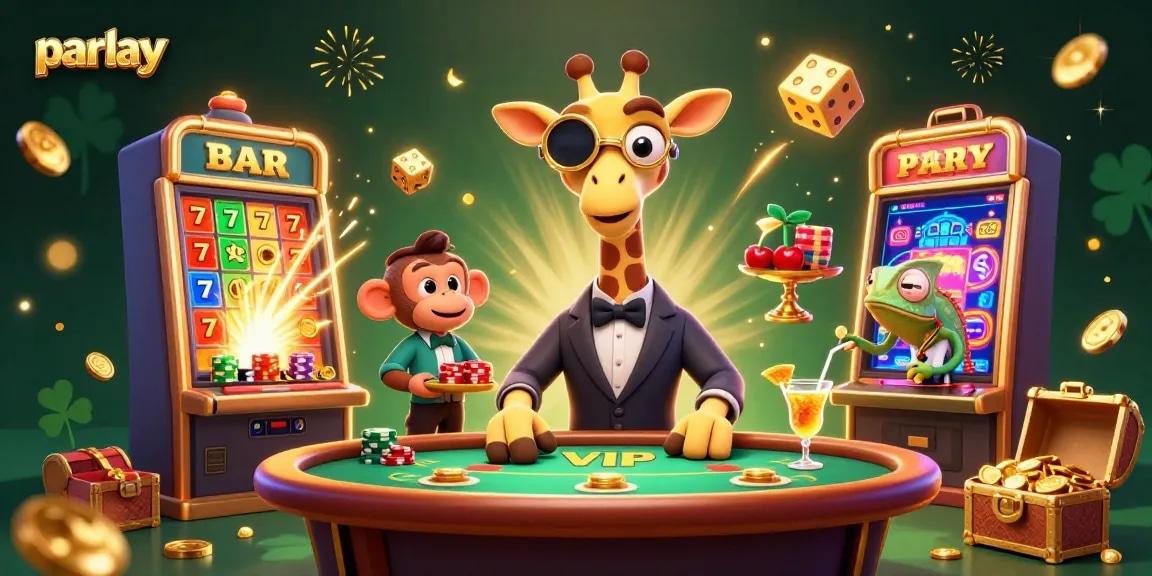 Engage in parlay betting with a lively 3D casino scene of high-roller giraffe and friends.