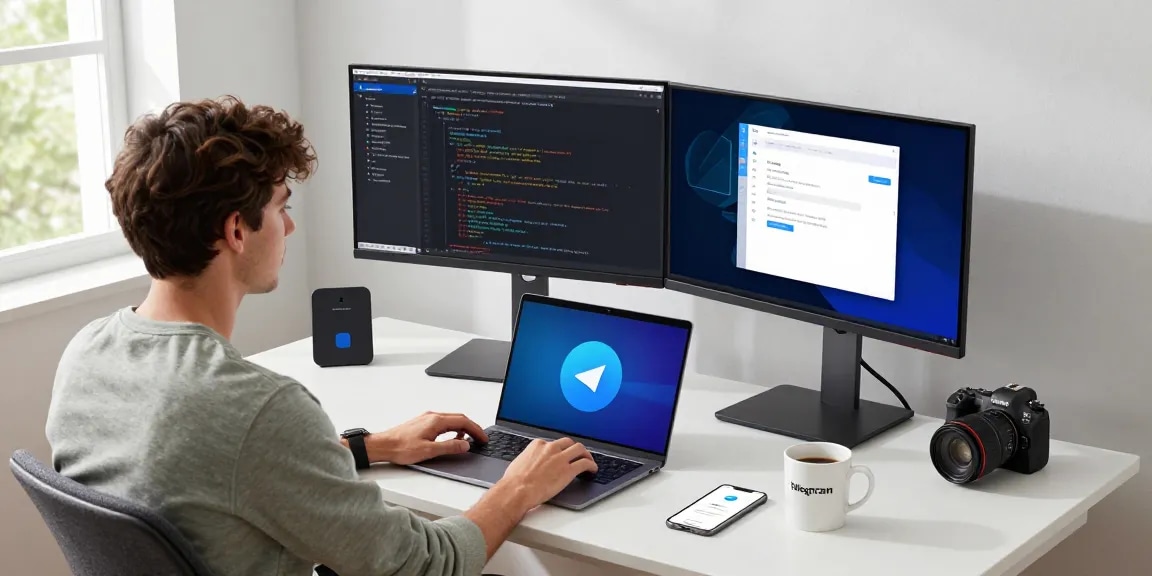 Developer in modern workspace coding Telegram Download app features on dual monitors, showcasing tech innovation.
