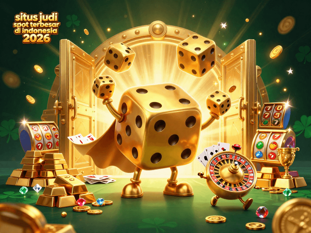 Gambarkan slot jackpot di situs judi slot terbesar di Indonesia 2026 dengan dadu emas dan harta karun.