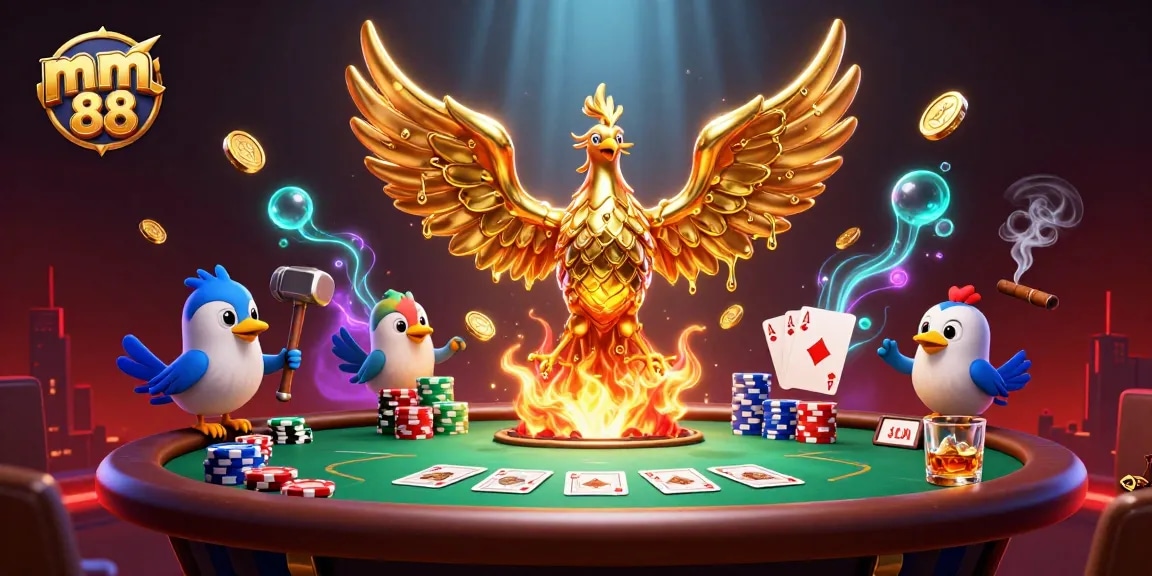 Experience the thrill of mm88 with a spectacular 3D casino scene featuring a molten metal phoenix.