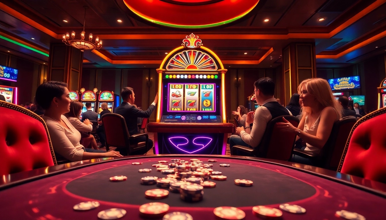 Players enjoying the demo slot pragmatic experience with vibrant slot machines and casino elements.