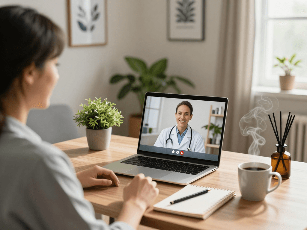 Patient consulting online for a Medical marijuana card with a friendly doctor in a cozy home office.
