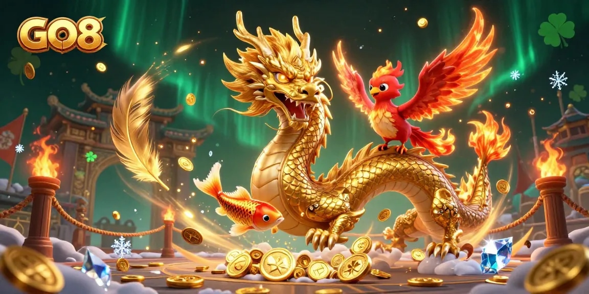 Enhance your gaming with GO8: a fierce dragon, phoenix, and koi fish amidst swirling gold coins.