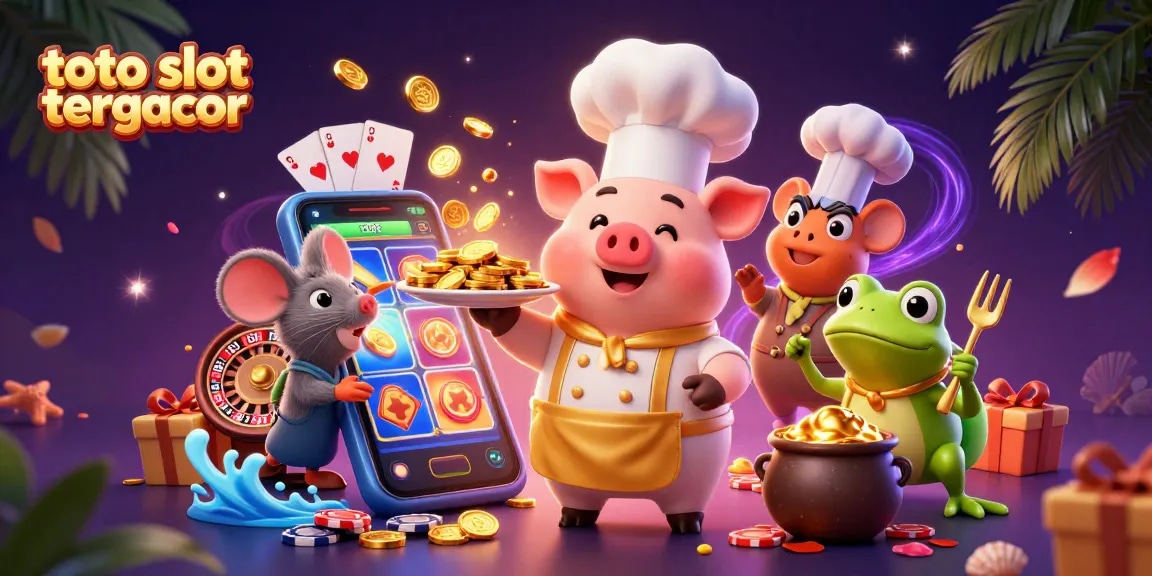 Toto slot tergacor scene featuring a chef pig and sous-chef mouse amid slot game elements, showcasing vibrant casino energy.
