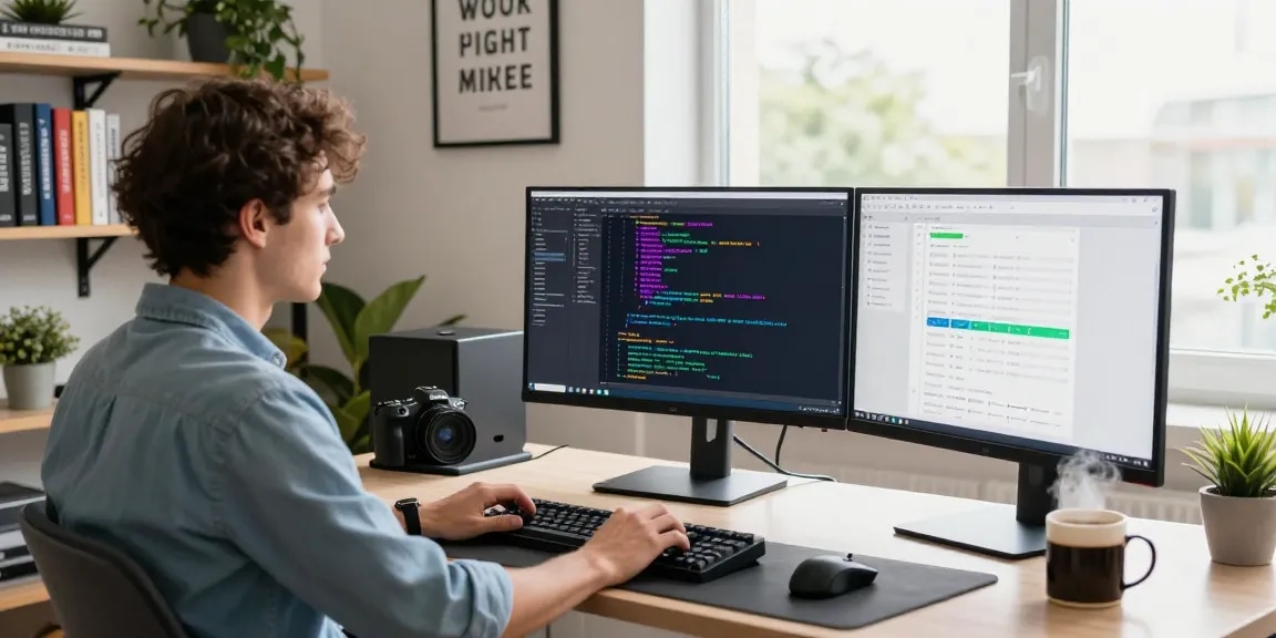 Dynamic software development workspace showcasing WPS Official Website activities with coding and modern tech tools.