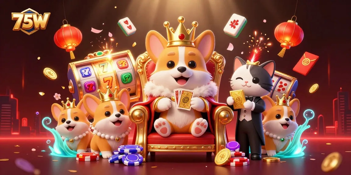 O cenário animado do 75W apresenta um corgi real, fichas de poker e elementos de caça-níqueis vibrantes.