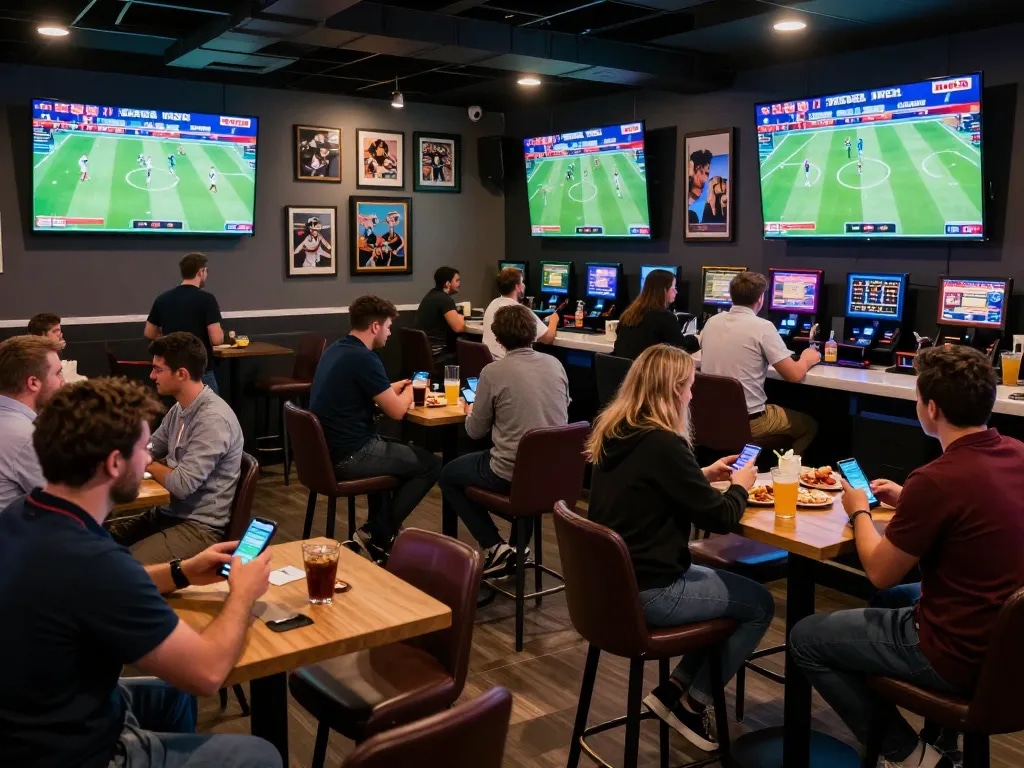 Exciting sports betting scene showcasing fans placing bets using the now goal app during live events.