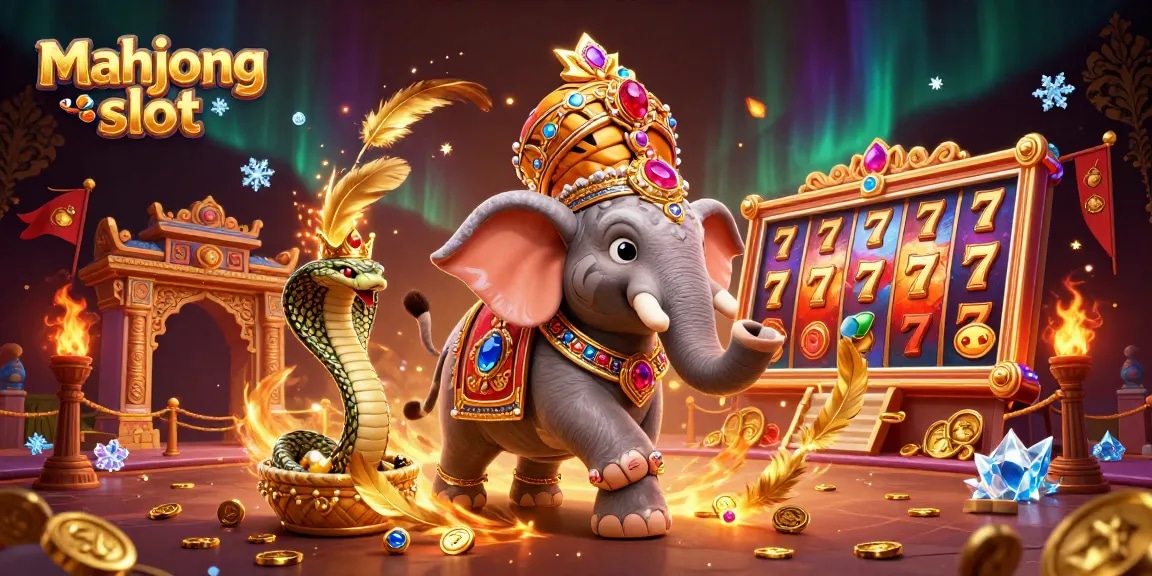 Experience the mahjong slot excitement with this vibrant, dynamic scene featuring a maharaja tiger and treasures.