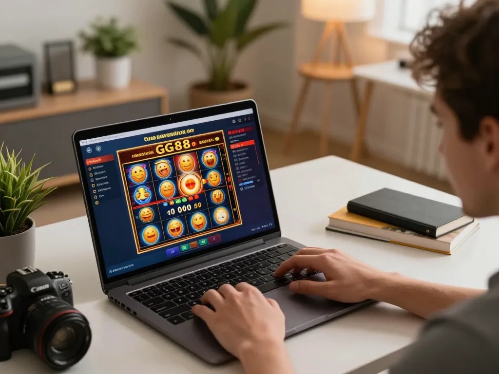 Player engaging in GG88 online slots, showcasing excitement in a cozy home office setting.