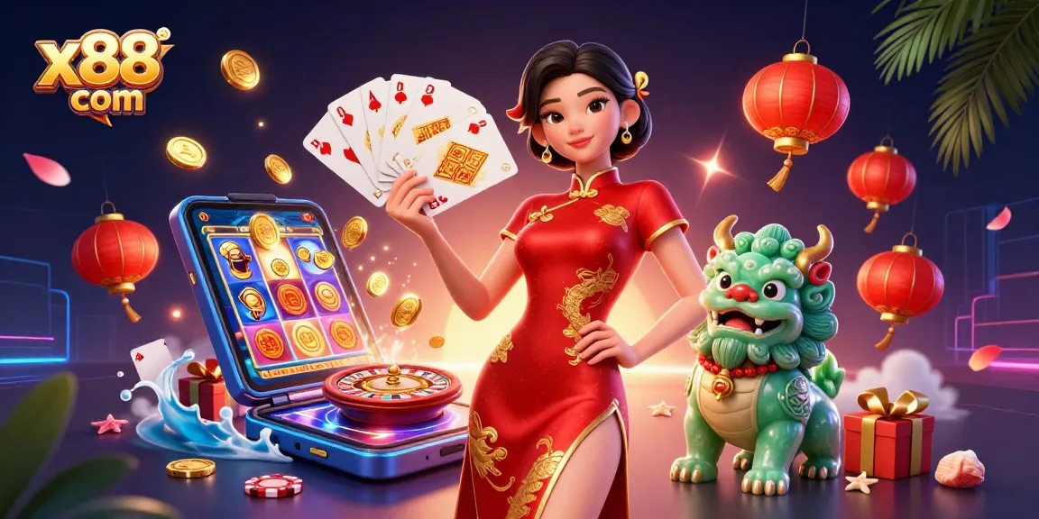 Experience excitement at x88 com with golden cards, jade lion, and thrilling casino elements.