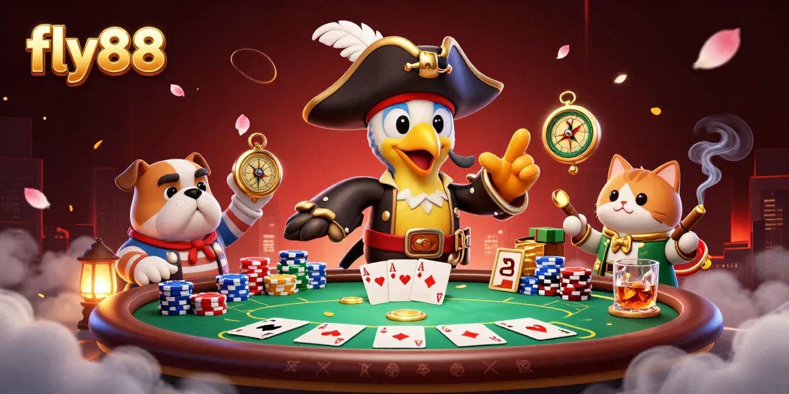 Engage with fly88 as a pirate captain parrot commands a vibrant poker scene with colorful chips and cards.