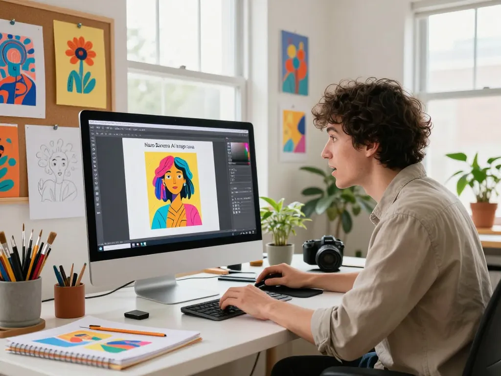 Artist using the Nano Banana AI image editor in a vibrant digital art studio