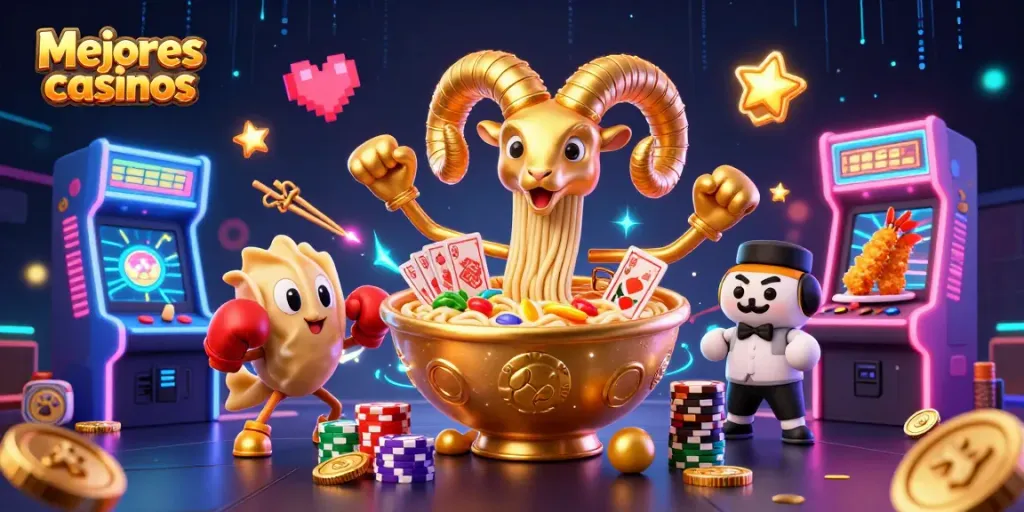 Juega en los mejores casinos con una ilustración divertida de personajes únicos en un entorno vibrante.