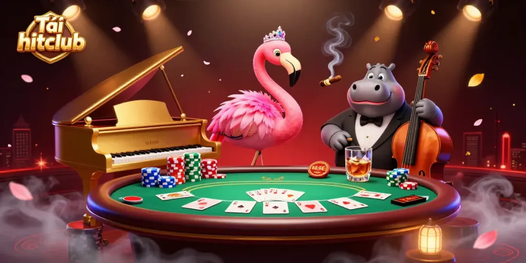 Tải hitclub and experience a vibrant casino atmosphere with dynamic characters, poker chips, and engaging gameplay.