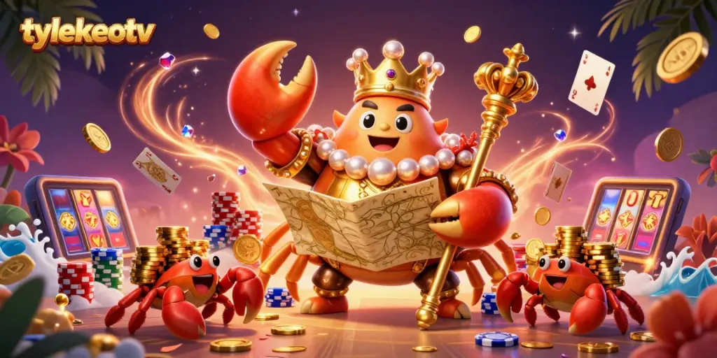 Tylekeotv showcases a golden crab emperor commanding treasure and chips, representing expert betting insights.