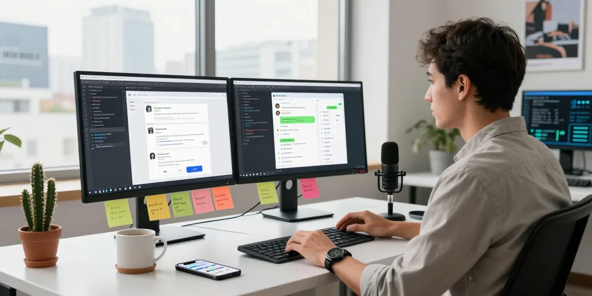 Developer using koboldai on dual screens in a modern workspace with chatbot interfaces.
