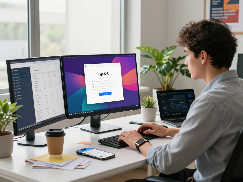 Engaged professional accessing the login raja328 platform in a modern workspace.