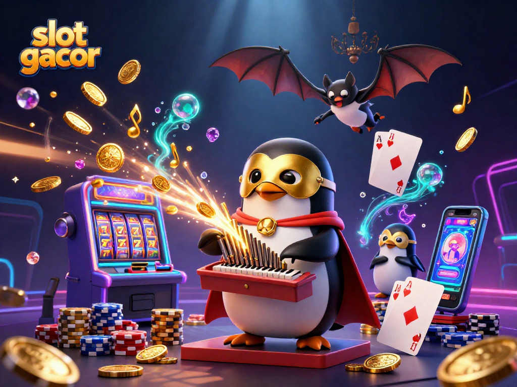 Experience slot gacor thrills with a cartoon penguin playing slots amidst gold coins and gems.