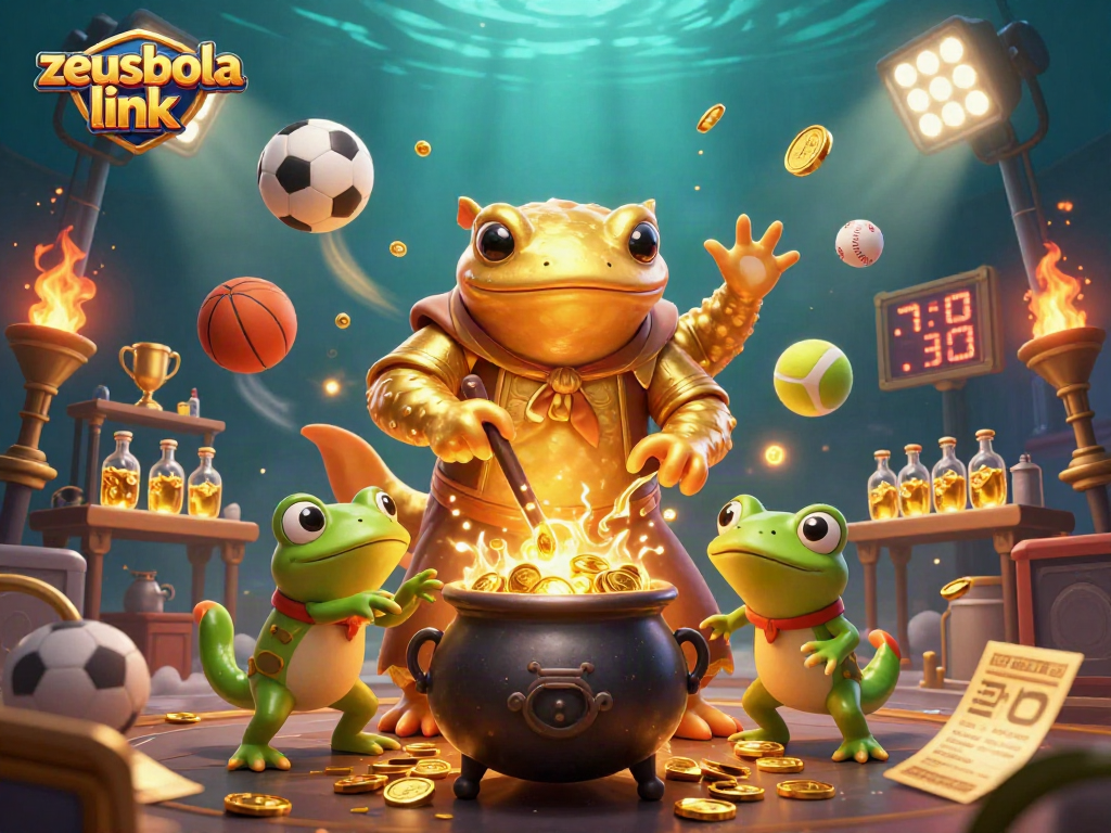 A dynamic scene featuring the zeusbola link with a giant salamander alchemist, sports elements, and gold coins