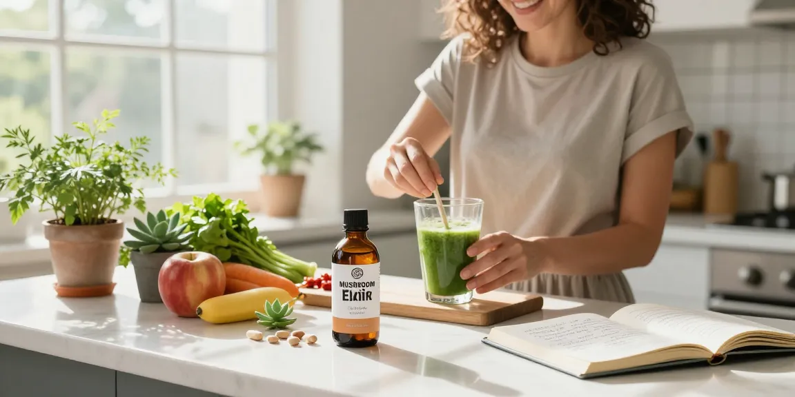 Buy Mushroom Elixirs for natural wellness; CBD oil and organic supplements on kitchen counter.