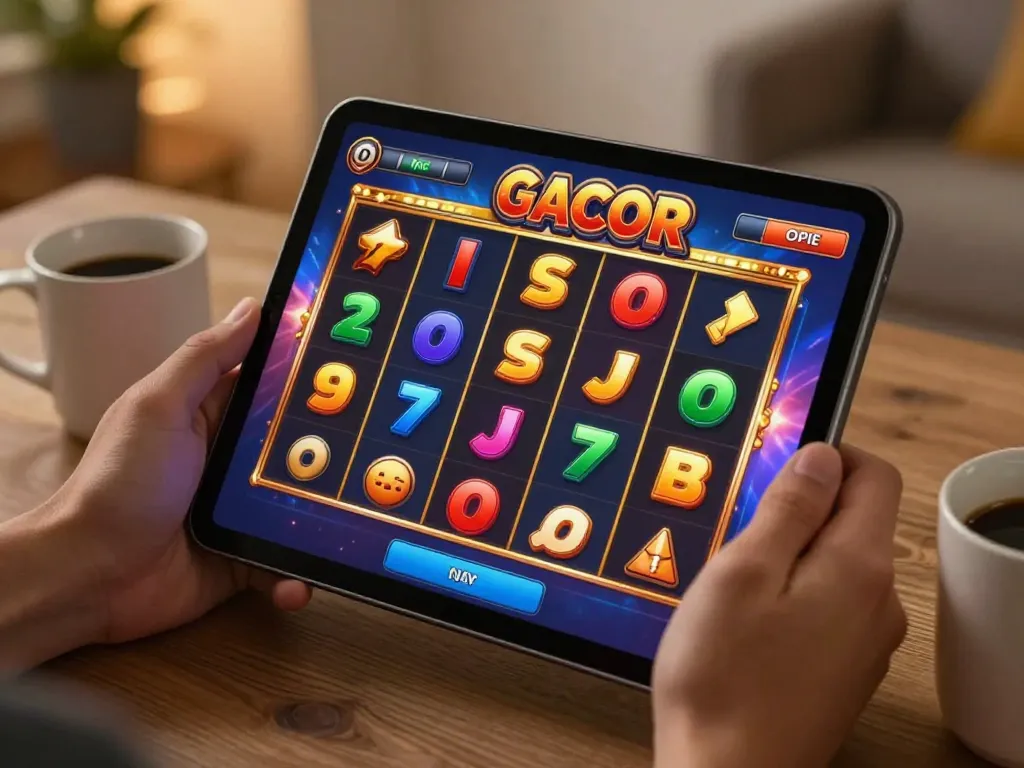 Engaged player enjoying slot gacor on a tablet, showcasing colorful spinning reels in a cozy home setting