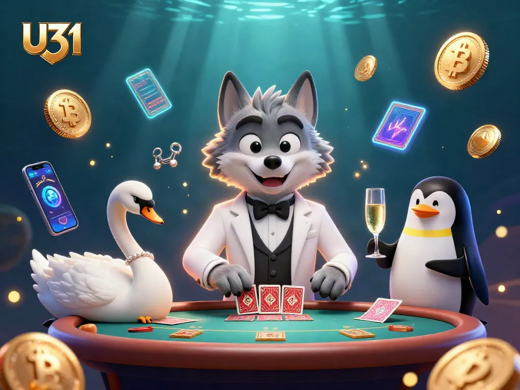 Experience the U31 online casino with the debonair wolf at baccarat, interacting with vibrant crypto elements.