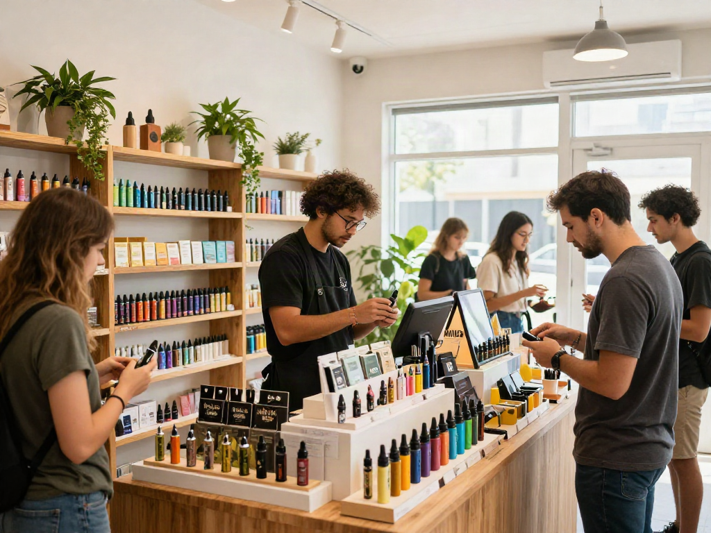 Muha Meds products displayed in a modern vape shop, showcasing vibrant cannabis cartridges and disposables.