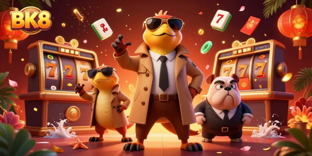 Experience winning gameplay at BK8 with animated raptors attempting to enter a VIP casino.