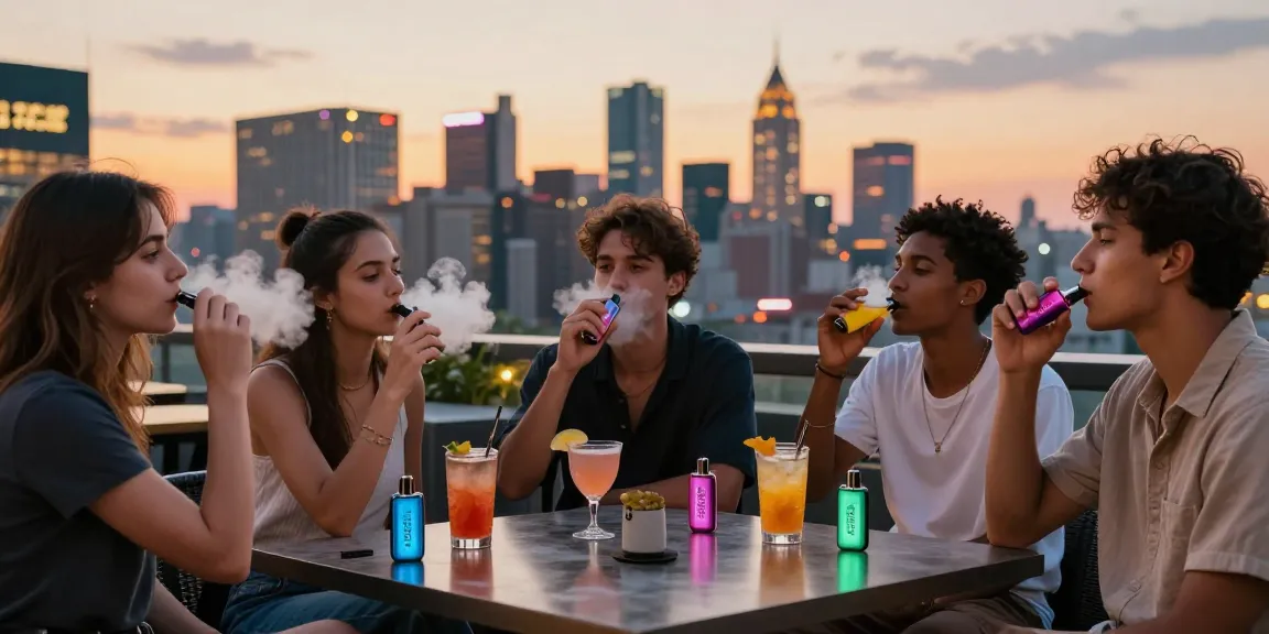 Friends enjoying Hitz infinity Gen 7 vapes at a rooftop lounge
