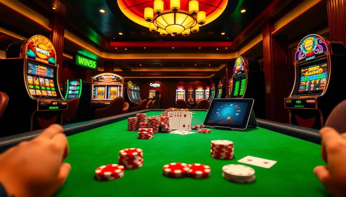 Experience exhilarating gaming at win55 com with vibrant casino elements like cards and poker chips.
