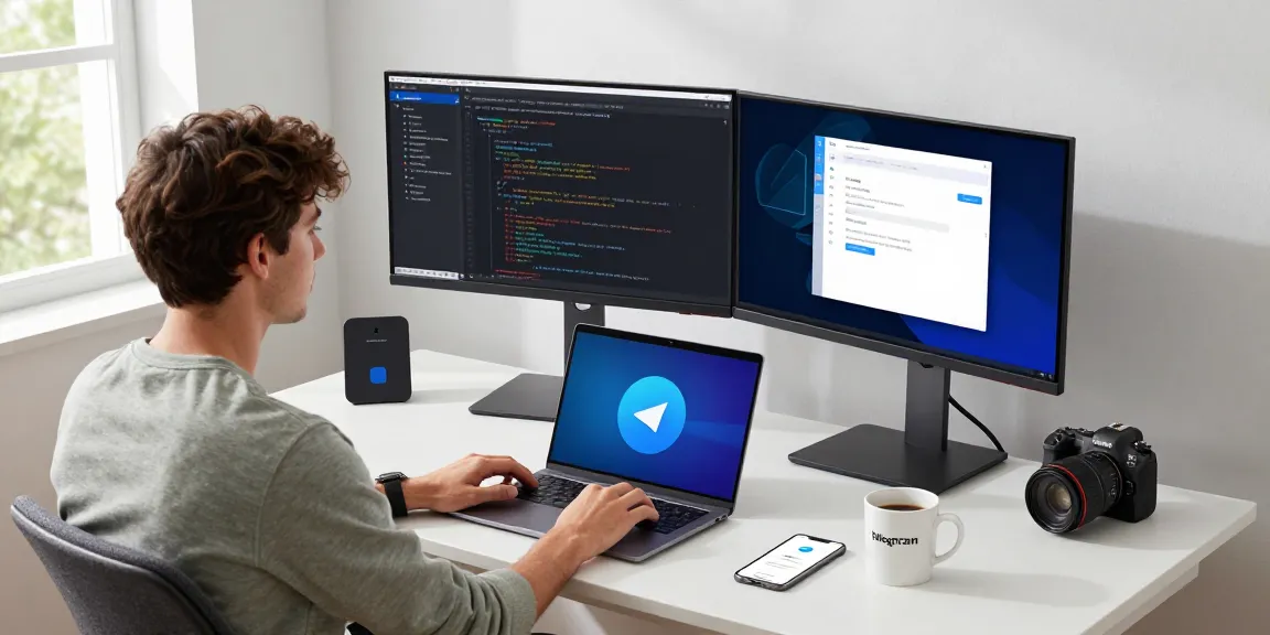 Developer in modern workspace coding Telegram Download app features on dual monitors, showcasing tech innovation.