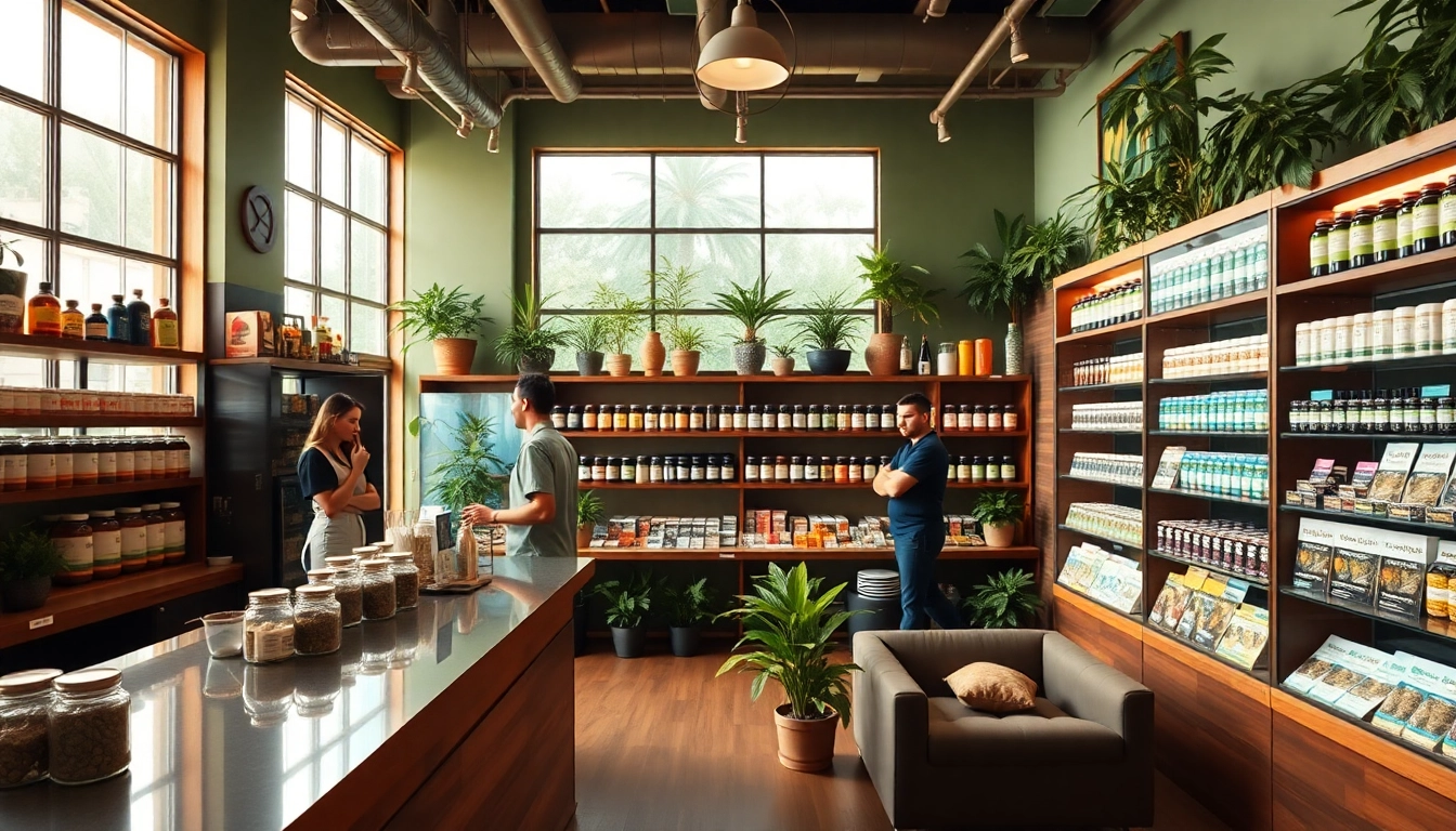 Browse various products at a welcoming weed store with natural lighting and friendly staff.