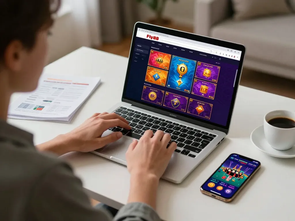 Engaged player using fly88 online casino interface on laptop in a cozy home setting