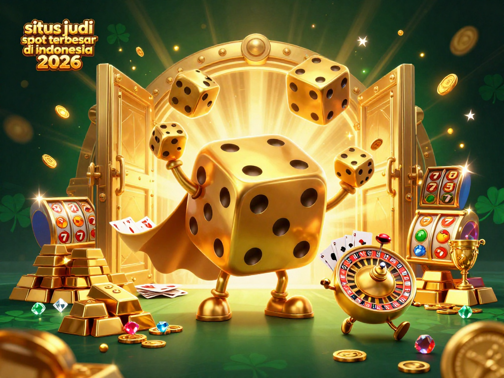 Gambarkan slot jackpot di situs judi slot terbesar di Indonesia 2026 dengan dadu emas dan harta karun.