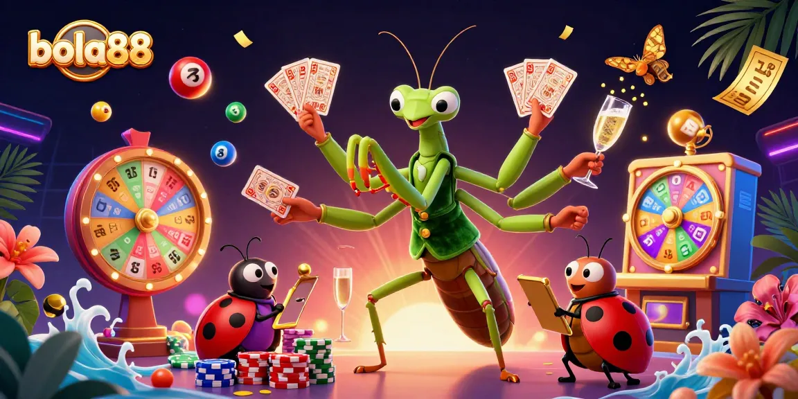 Bola88 showcases a vibrant 3D scene with a giant mantis dealer and ladybug pit boss amidst colorful lottery balls, representing dynamic sports betting.