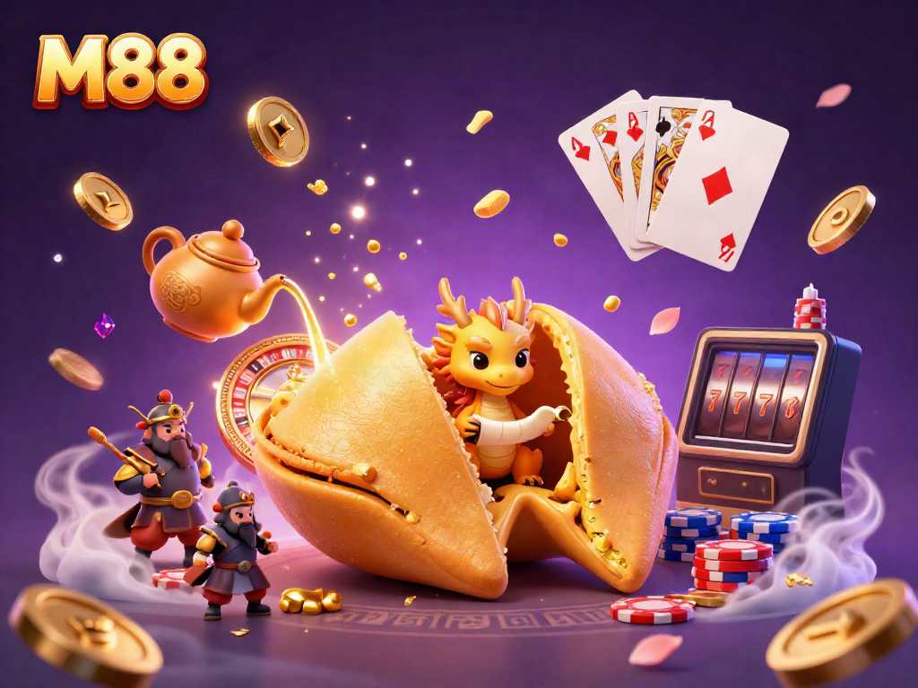 Experience the excitement of M88 in a vibrant casino illustration with characters, coins, and games.