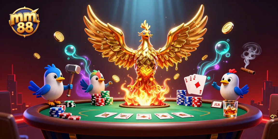 Experience the thrill of mm88 with a spectacular 3D casino scene featuring a molten metal phoenix.