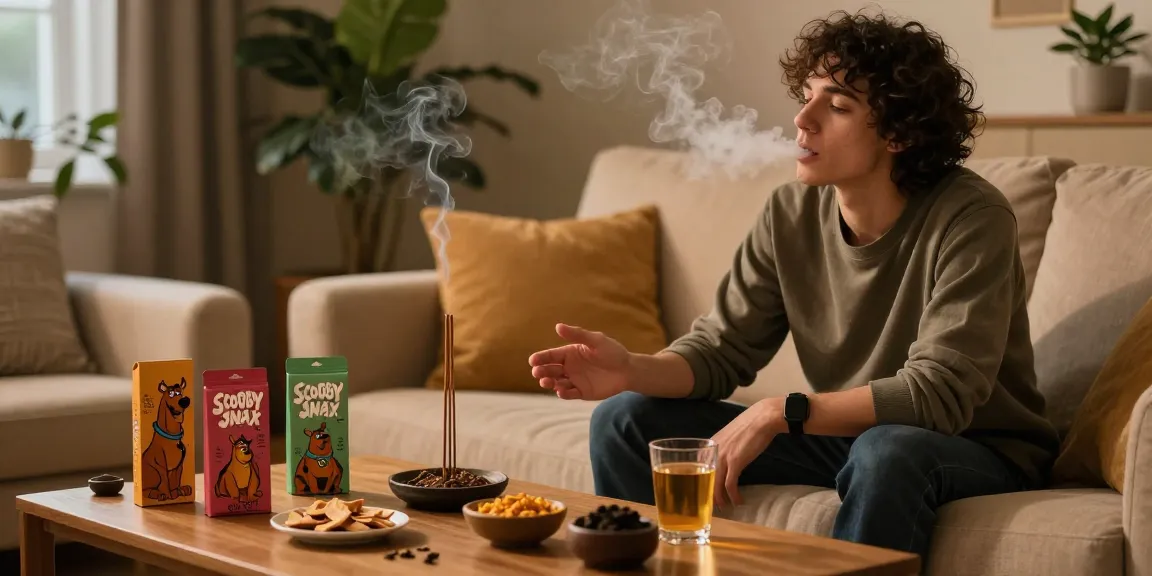 Enjoy a calming evening with friends while buying Scooby Snax herbal incense, surrounded by an inviting ambiance.