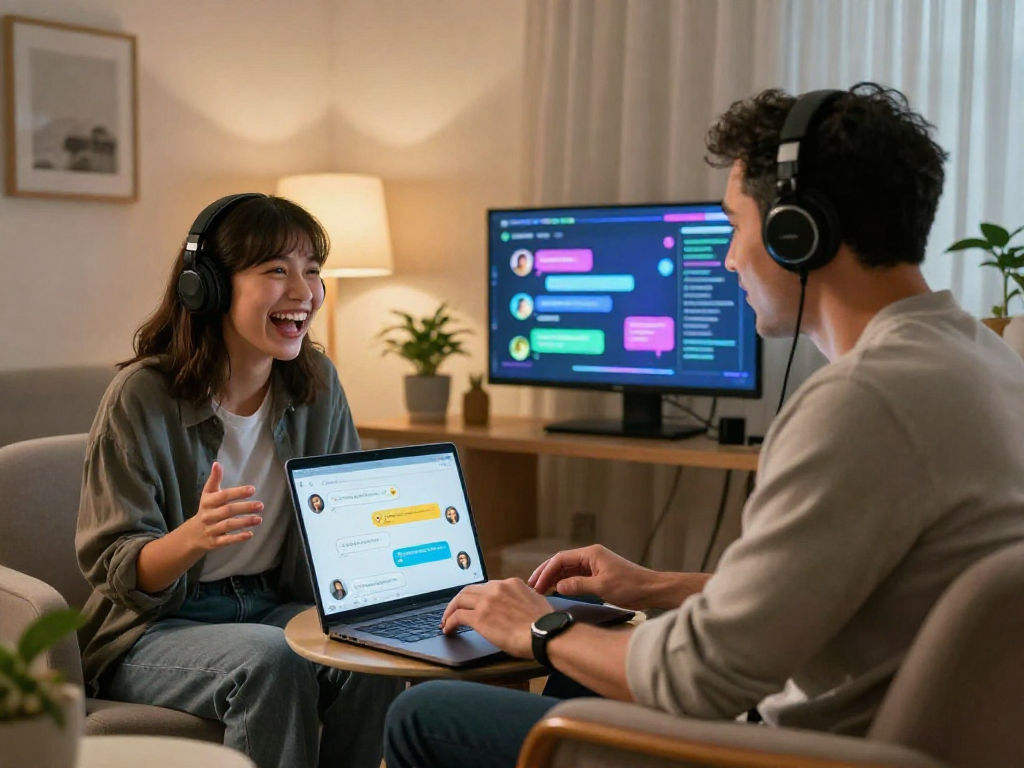 Engaging scene of two users enjoying sex AI chat on their devices in cozy settings.