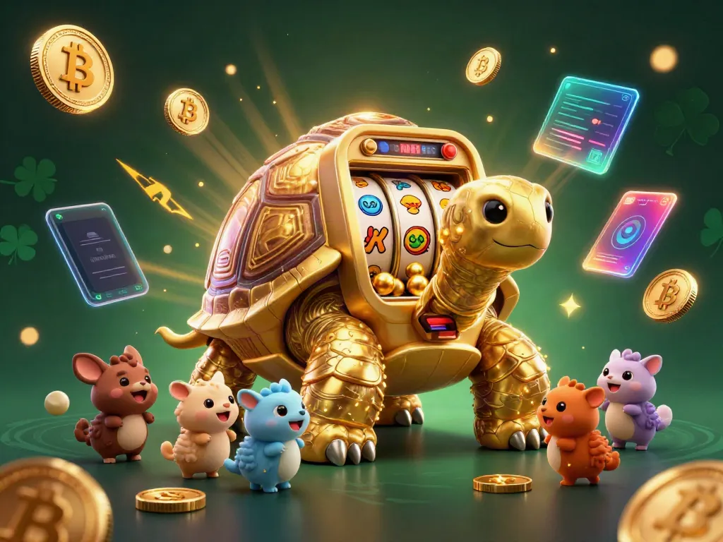 Engage in the vibrant world of slot machines with a golden tortoise and mini animal gamers.