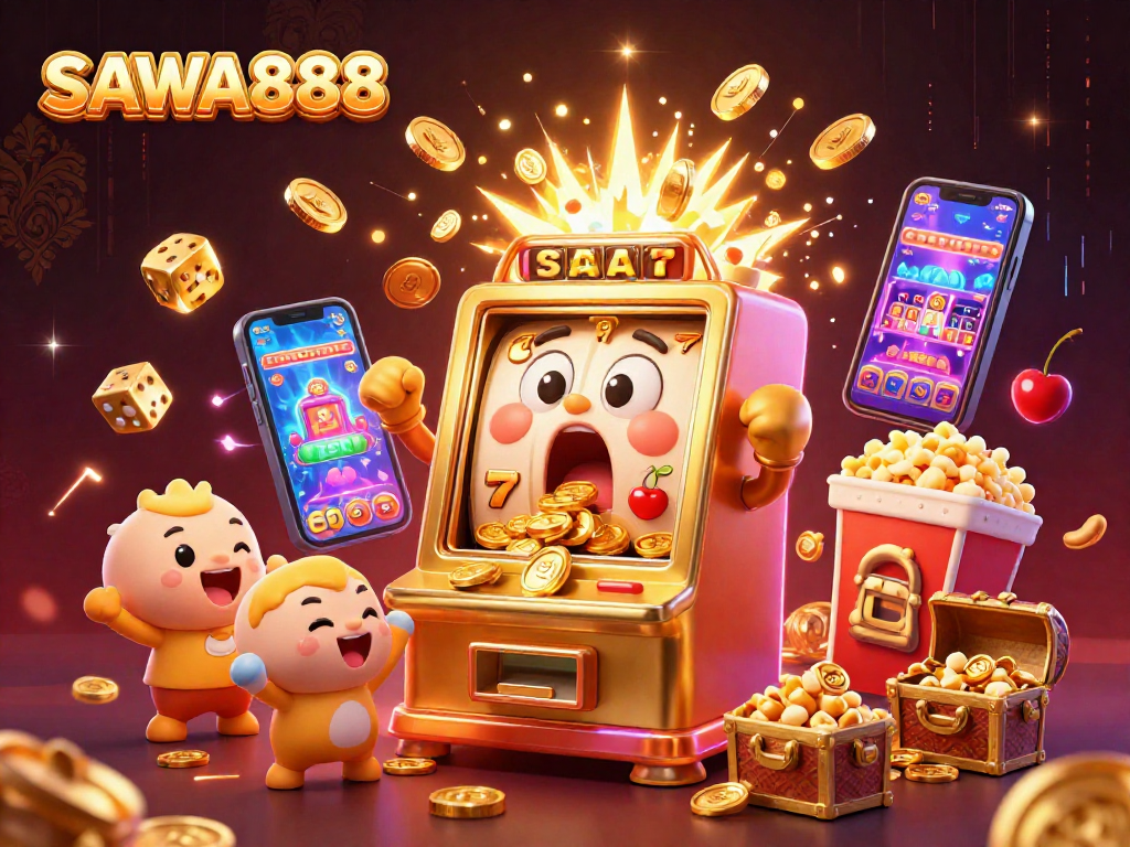 SAWA888 slot machine hits the jackpot, bursting with coins and colorful game symbols.