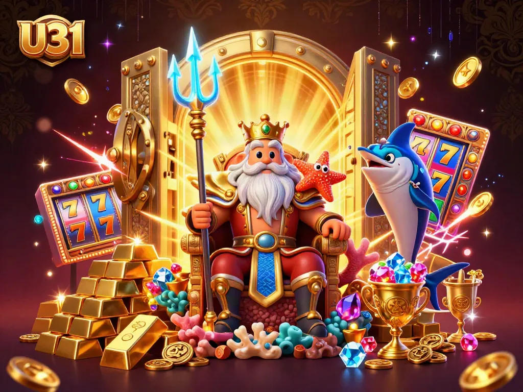 U31 casino illustration featuring Neptune with trident and slot reels amidst gold and jewels