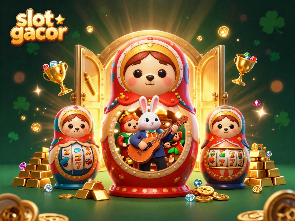 Win big with slot gacor as the Matryoshka bear reveals casino treasures in this vibrant 3D illustration.